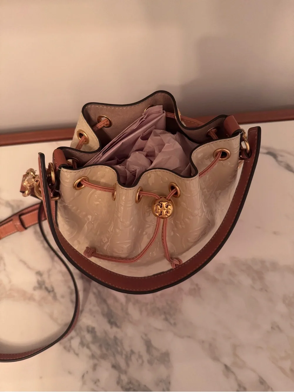 Tory Burch Cream and Tan Embossed Bucket Bag - NEVER USED